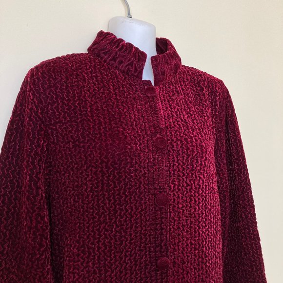 Burgundy Crushed Velvet Cardigan Jacket Ruched Texture Vintage Jeune Jeunesse - Picture 7 of 8